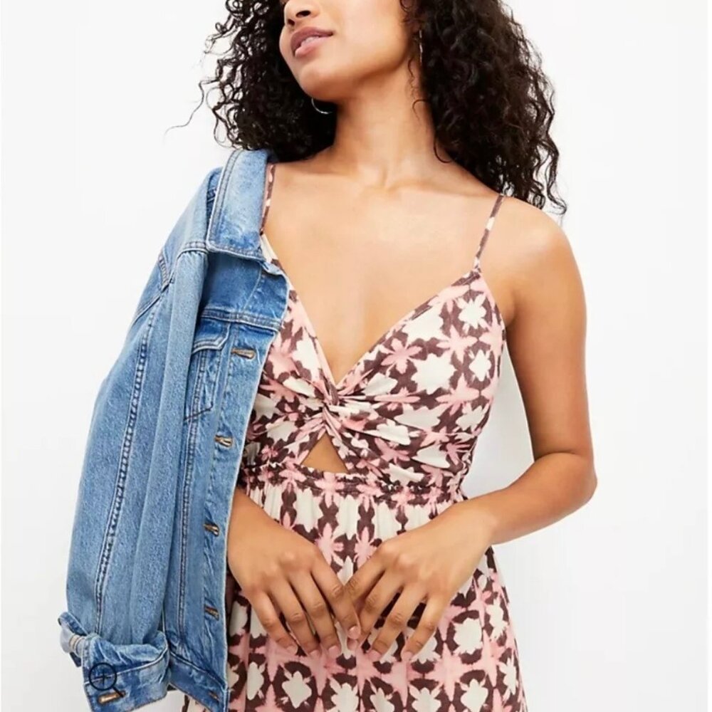 LOFT Sun Washed Floral Twist Tiered Midi Sundress Brown and Pink Women’s Size 12 - Picture 10 of 10